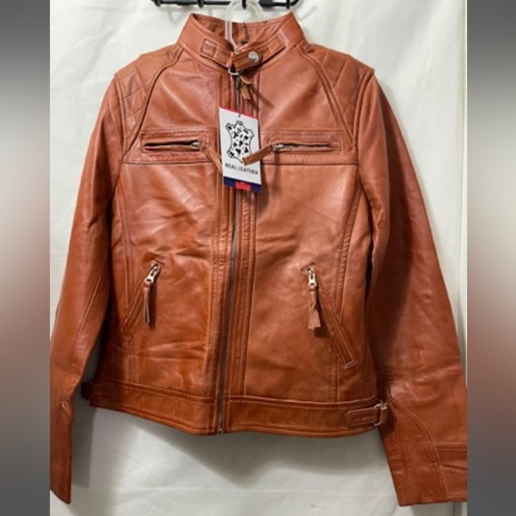 Ladies Genuine Leather Biker Jacket Tan: BR-Alice - Picture 2 of 9